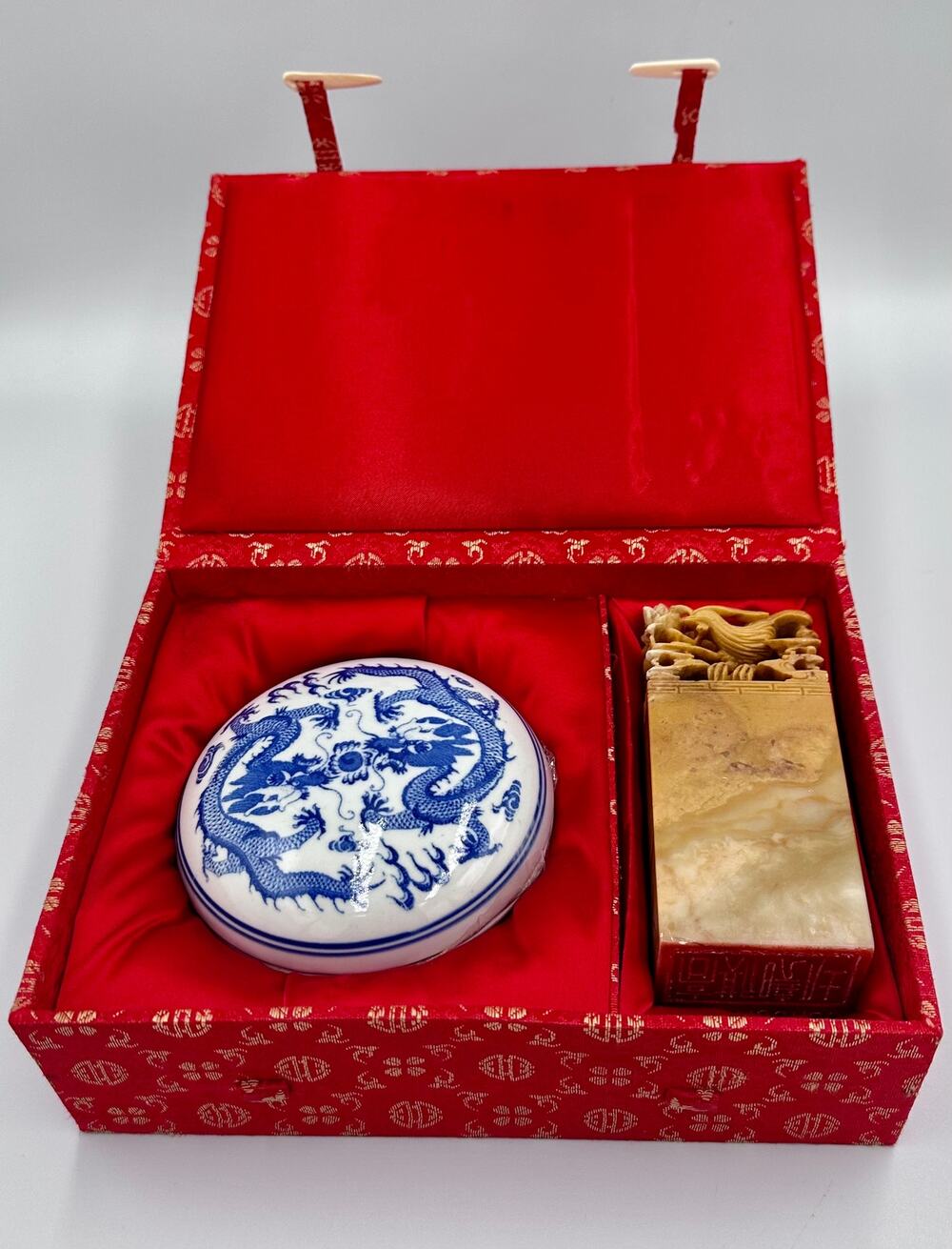Vintage Chinese Dragon & Phoenix Hand Carved Soapstone Seal & Red Ink Pot Set